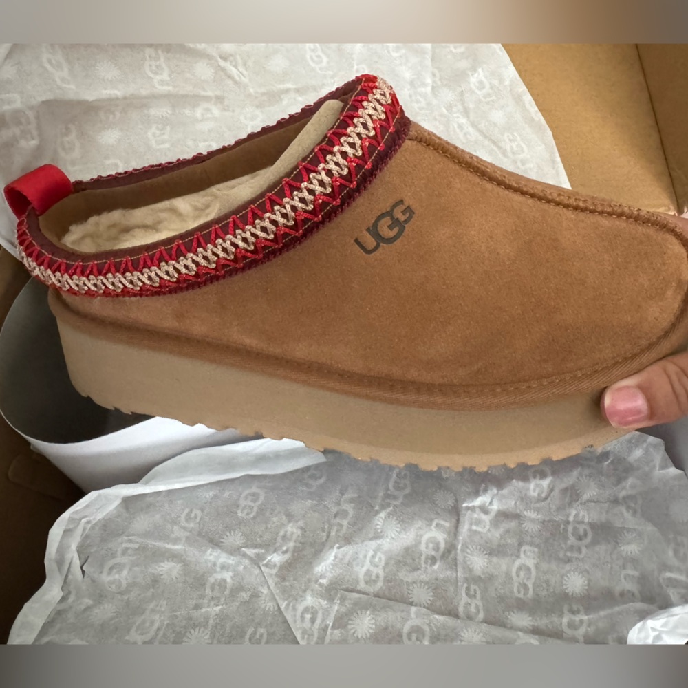 UGG Chestnut Suede Clog with Red Trim